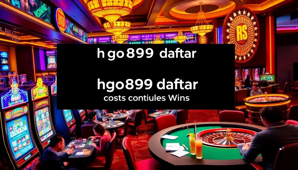 Experience thrill with hgo909 daftar at vibrant casino tables, featuring lively players and colorful slot machines.