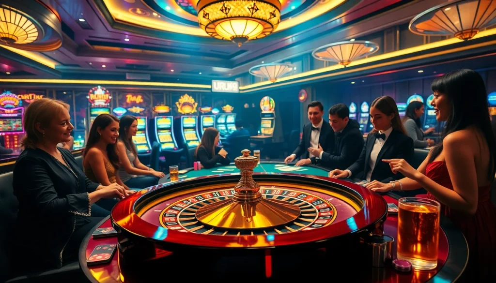 Players enjoy thrilling games at a casino, featuring roulette and poker while sipping on urus9 cocktails.