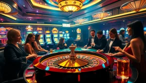Players enjoy thrilling games at a casino, featuring roulette and poker while sipping on urus9 cocktails.