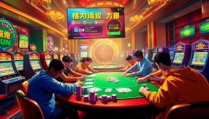 Experience the excitement of bong da lu fun as players engage in a thrilling poker game amidst colorful casino lights and vibrant slot machines.