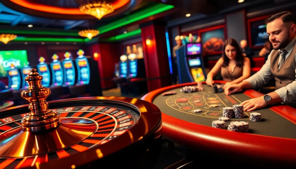 Casino scene illustrating deneme bonusu veren siteler with roulette wheel, poker game, and slot machines.