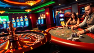 Casino scene illustrating deneme bonusu veren siteler with roulette wheel, poker game, and slot machines.