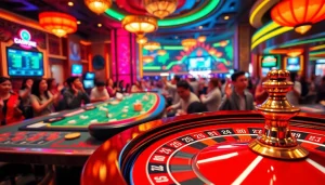 Xem đá gà thomo in a vibrant casino setting, featuring cheerful spectators and live betting screens.
