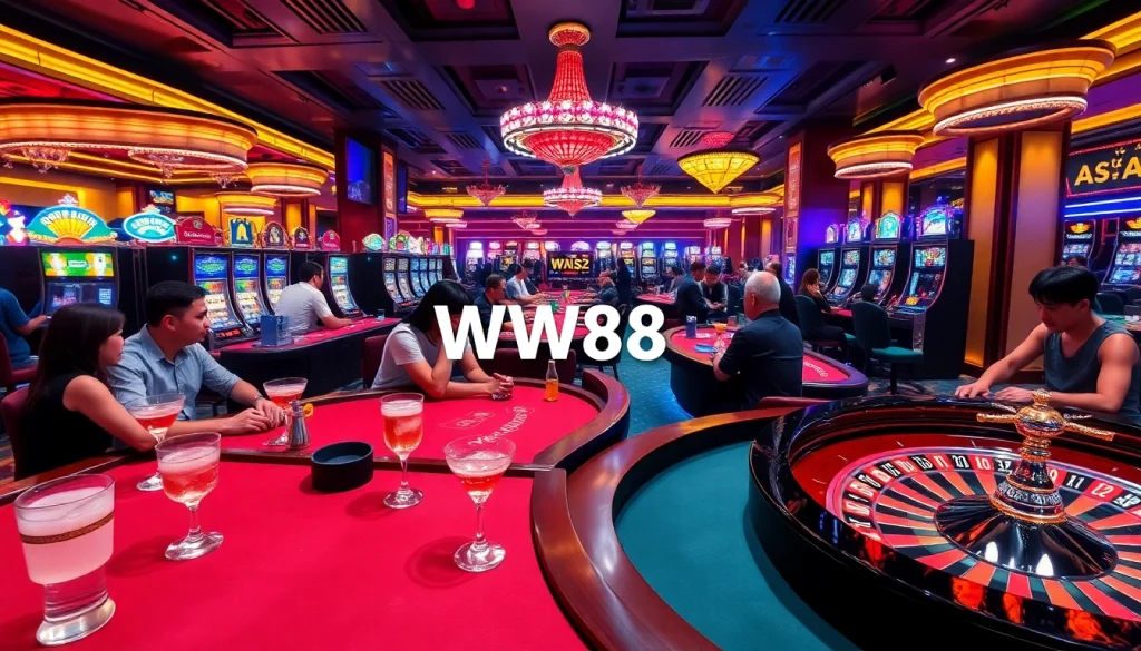 Excitement at the casino with players at tables and "trang chủ WW88" on display, capturing gaming thrills.
