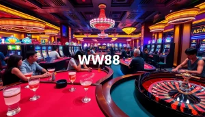 Excitement at the casino with players at tables and "trang chủ WW88" on display, capturing gaming thrills.