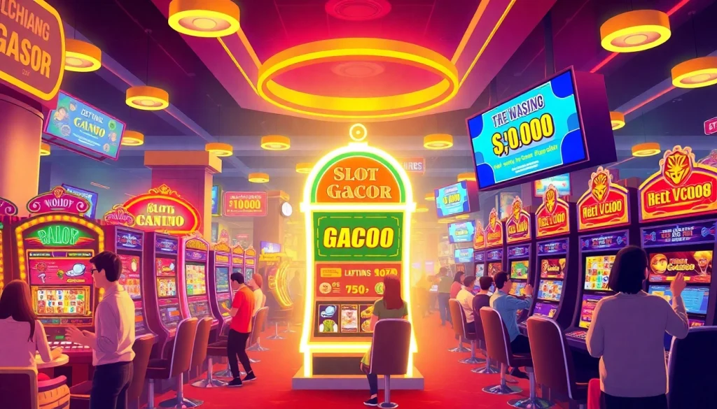 Players enjoying the vibrant Slot gacor machine at a modern casino, filled with excitement and colorful lights.