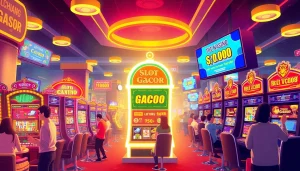 Players enjoying the vibrant Slot gacor machine at a modern casino, filled with excitement and colorful lights.