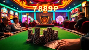 Experience 789P excitement at a bustling poker table with vibrant slot machines and spinning roulette.