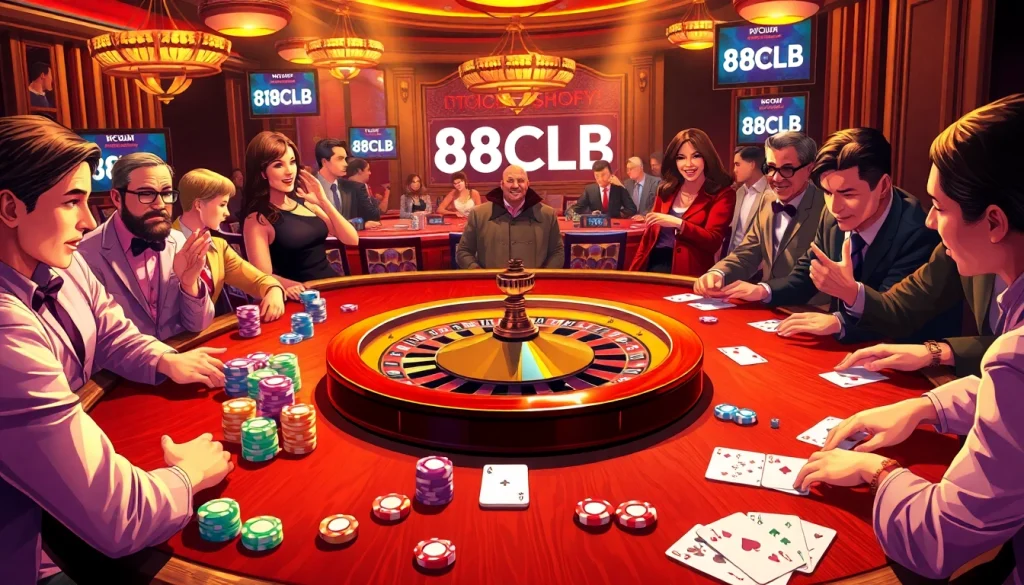 Experience the thrill of 88CLB at a vibrant casino table with poker chips, dice, and cards.