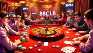 Experience the thrill of 88CLB at a vibrant casino table with poker chips, dice, and cards.