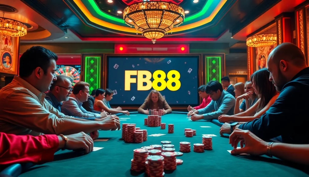 FB88 brings the thrill of poker alive with players locked in concentration at a high-stakes table.