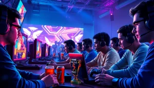 Dynamic scene of gamers engrossed in online games with high-energy atmosphere.