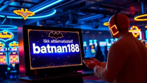Explore the link alternatif batman138 through an engaging online slot machine display set in a dynamic casino scene.